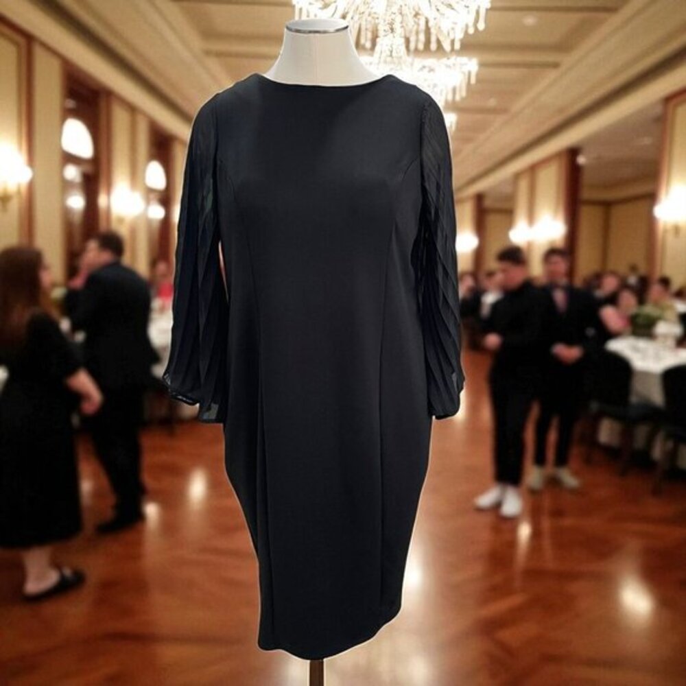 Roamans Black Cocktail Dress 20W Pleated‎ Sheer Sleeve Formal Plus Size Elegant